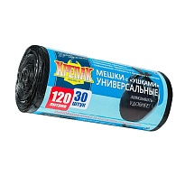 Мешки для мусора 120 л, с ушками, черные, в рулоне 30 шт., ПНД, 15 мкм, 1100х700 мм, Крепак, 4607075710375 в Атырау